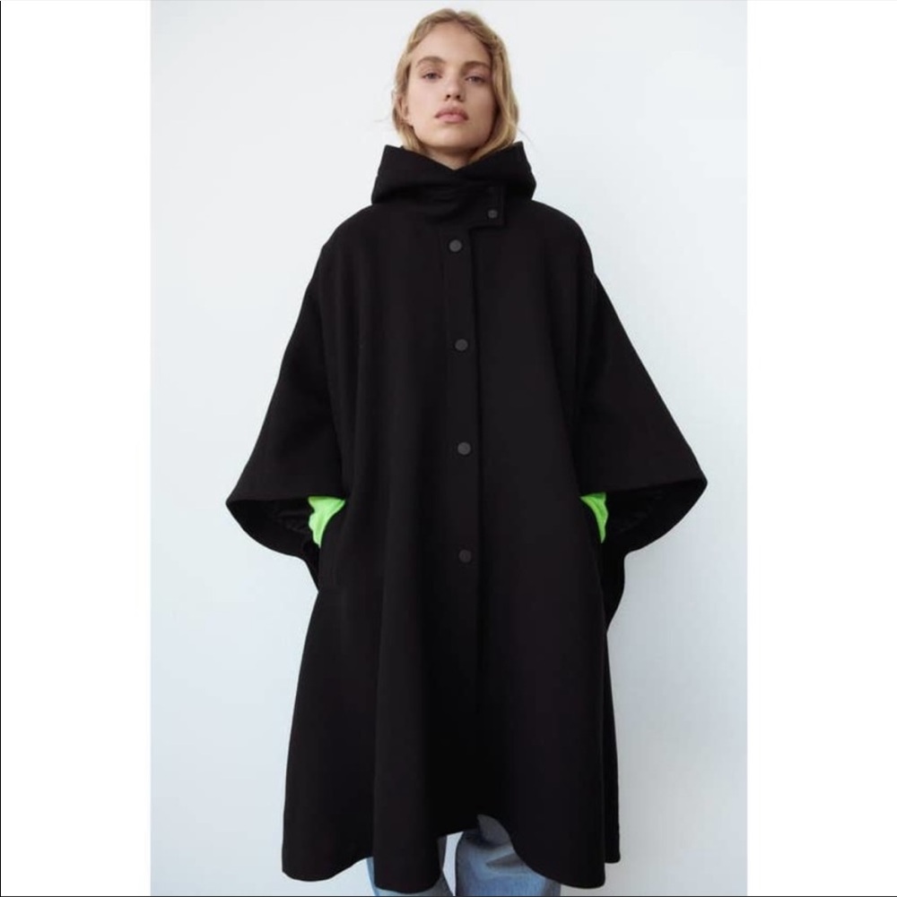 NWT ZARA LIMITED EDITION BLACK WOOL PONCHO COAT SIZE M